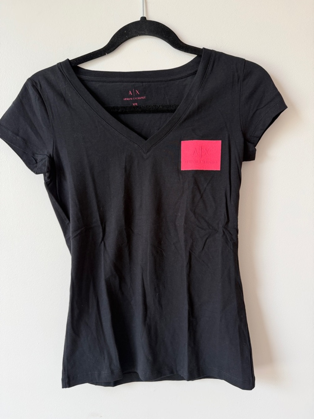 Armani Exchange Black Short Sleeve V-Neck Tee with Pink Logo Patch (NWOT)